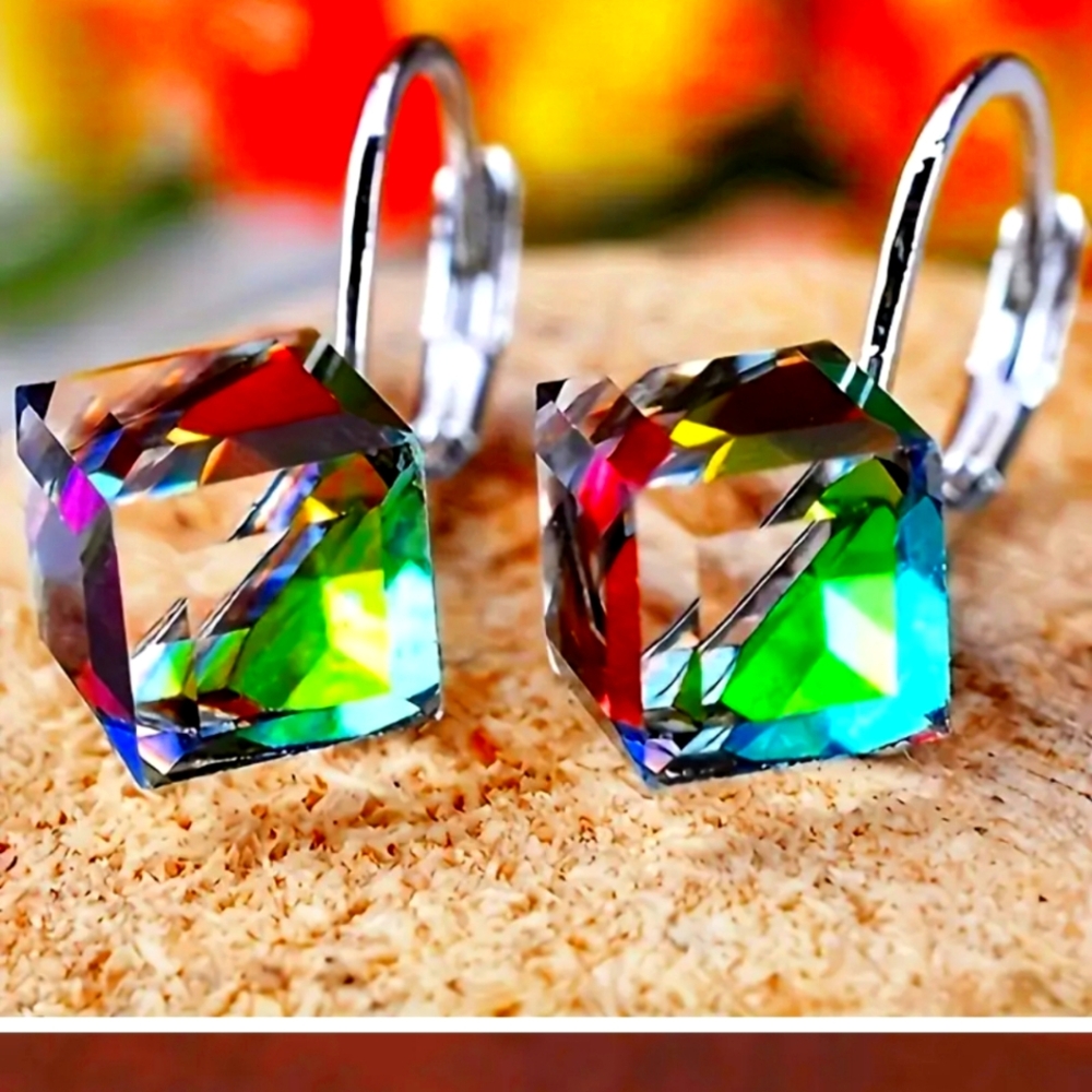 Aurora Borealis Crystal Silver Plate  Earrings